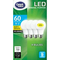 Great Value LED Light Bulb, 9 Watts (60W Equivalent) A19 General Purpose Lamp E26 Medium Base, Non-dimmable, Soft White, 4-Pack