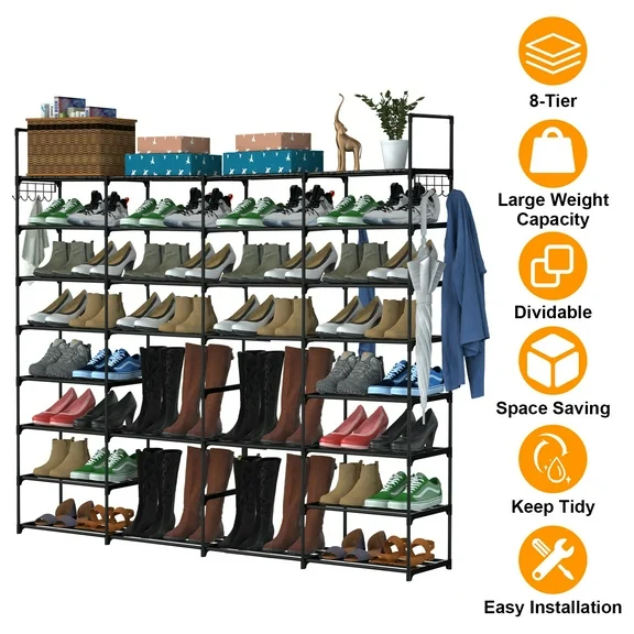 Metal Large Shoe Storage Rack, iMounTEK 8 Tiers Shoe Rack for Entryway Closet, Black Free Standing Shoe Stand for 50-56 Pairs Shoes and Boots( 4 Rows)