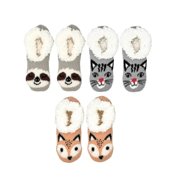Fuzzy Babba, Women's Critter Peach Fuzz, Faux Fur Slipper Socks, 3-Pack, Size 4-10
