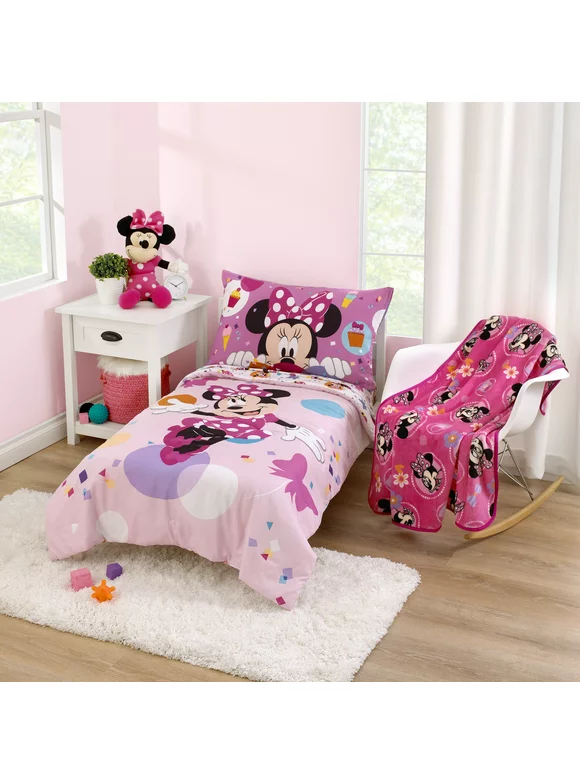 Disney Minnie Mouse 5-Piece Toddler Bedding Set & Blanket Bundle, Toddler Bed, Girl, Pink, Polyester