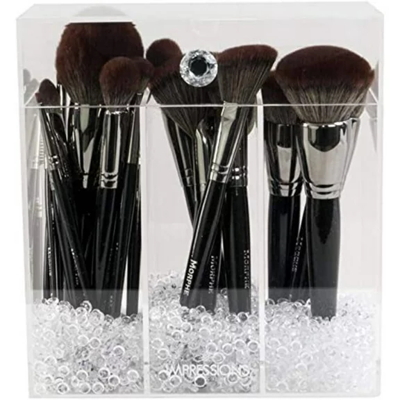 Impressions Vanity Diamond Collection Makeup Brush Holder with 3 Compartments, Acrylic Brush Organizer
