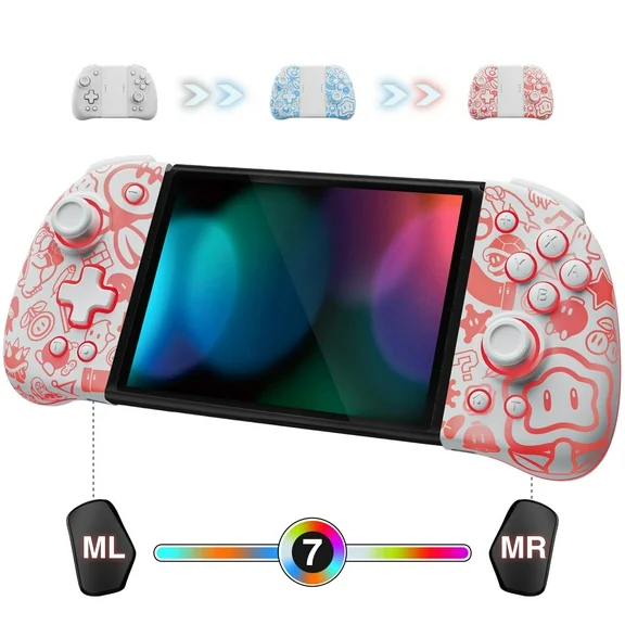 Luminous Switch Controller Compatible with Nintendo Switch/OLED for Handheld Mode with 7 LED Colors/Paddle/Turbo, FUNLAB Ergonomic Joypad Controller for Mario Fans - Wonder White