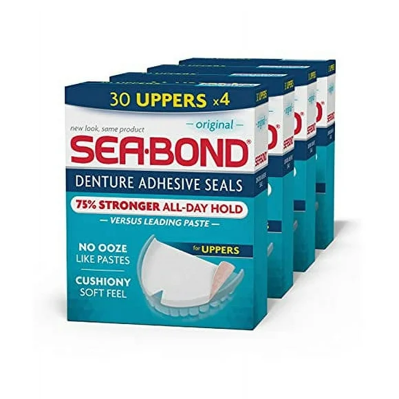 Sea-Bond Secure Denture Adhesive Seals, Original Uppers, Zinc Free, All Day Hold, Mess Free, 30 Count (Pack of 4)