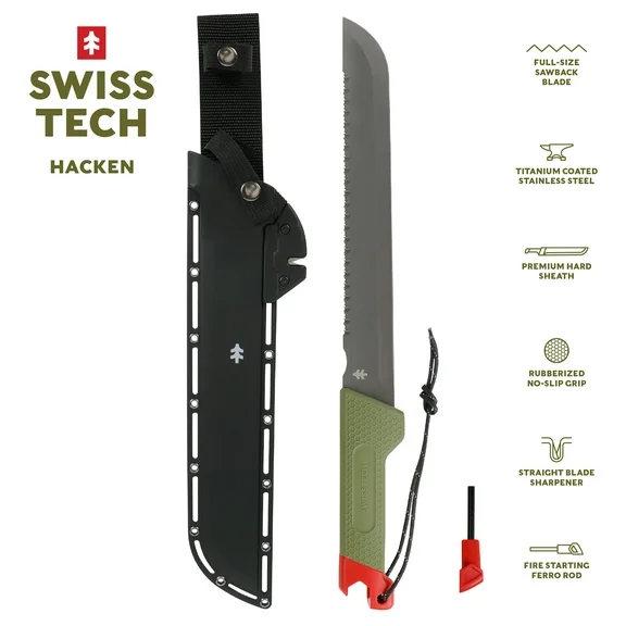 Swiss Tech 18-inch Sawtooth Machete, Titanium-Coated Stainless Steel Blade, Green