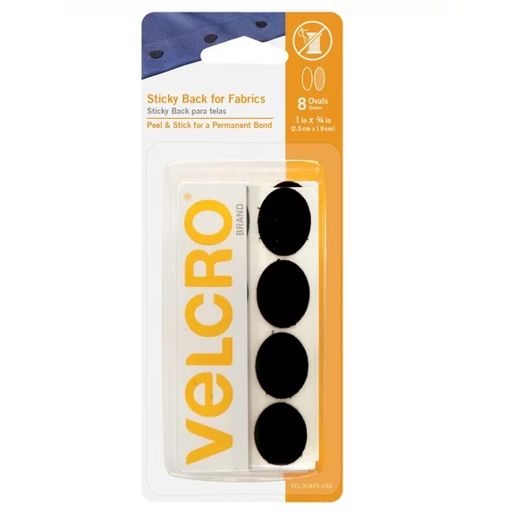 VELCRO Brand for Fabrics | Permanent Sticky Back Fabric Tape for Alterations and Hemming | Peel and Stick - No Sewing, Gluing, or Ironing | Pre-Cut Ovals, 1 x 3/4 inch, Black - 8 Sets, 91879