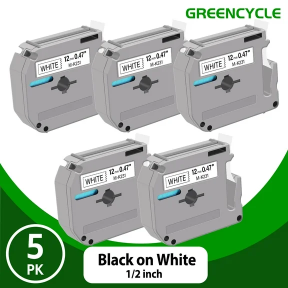 GREENCYCLE 5PK Compatible for Brother P-touch M-K231 M231 0.47'' 12mm Black on White Label Maker Tape