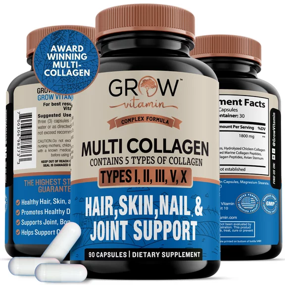 Multi Collagen Pills (Types I, II, III, V & X) 1800mg - 100% Natural - Non GMO, Grass Fed Collagen - Anti Aging Support for Hair, Skin, Nails - Protein Pills for Joint Support - 90 Capsules