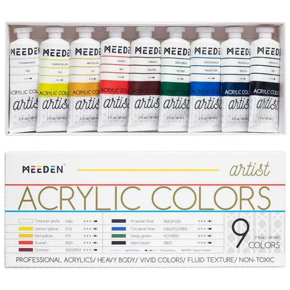 MEEDEN 9 Colors Acrylic Paint Set, 60ml Professional Acrylic Paint Tubes, Heavy Body Acrylic Paints, Art Supplies for Artist and Adults Painting