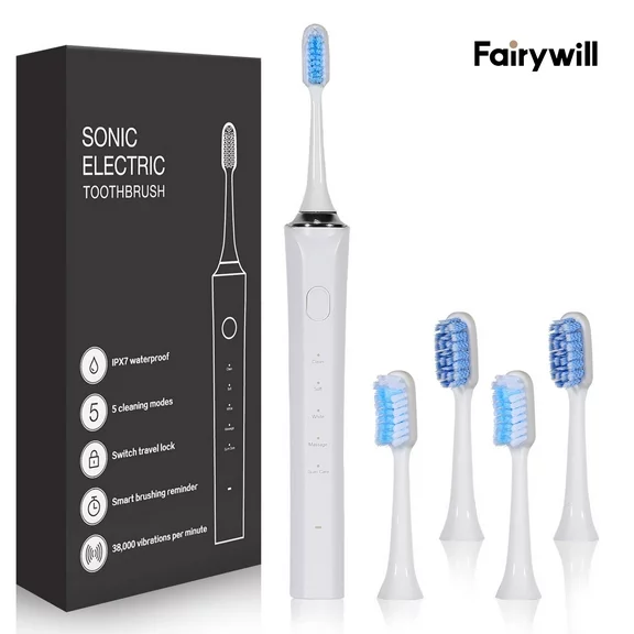 Fairywill Electric Toothbrush, Upgrade Magnetic Levitation Sonic Rechargeable Power Toothrush with 4 Brush Heads, 5 Modes, Tongue Cleaner and Travel Lock Design, White