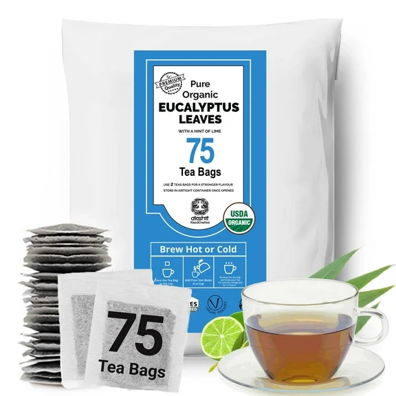 Akshit 75 Organic Eucalyptus Tea Bags, Pure Eucalyptus Tea, Caffeine-Free, Herbal Tea, 5oz