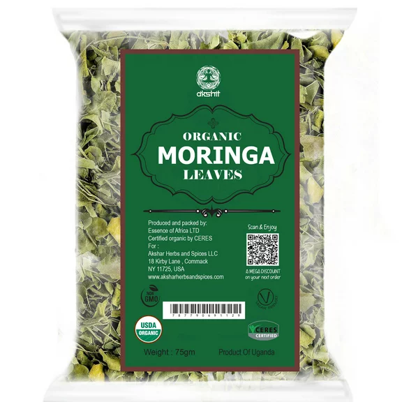 Akshit Dried Moringa  Leaves, 100% Organic  Moringa Leaf, Non- GMO, Caffeine Free, 2.6oz