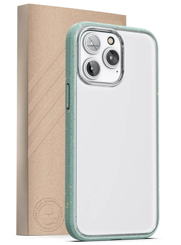 Encased Planet Eco Case, Designed for iPhone 14 PRO - Earth Friendly 100% Biodegradable Compostable Bio Case and Packaging (Clear/Sage Green)