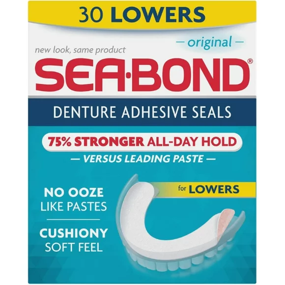 Sea-Bond Denture Adhesive Seals Original for Lowers, 75% Stronger All Day Hold 30 ct