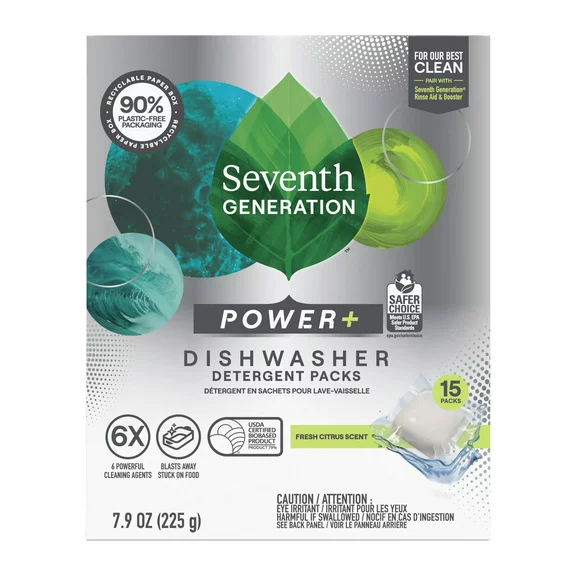 Seventh Generation Power Plus Dishwasher Detergent Packs Fresh Citrus, 15 Count