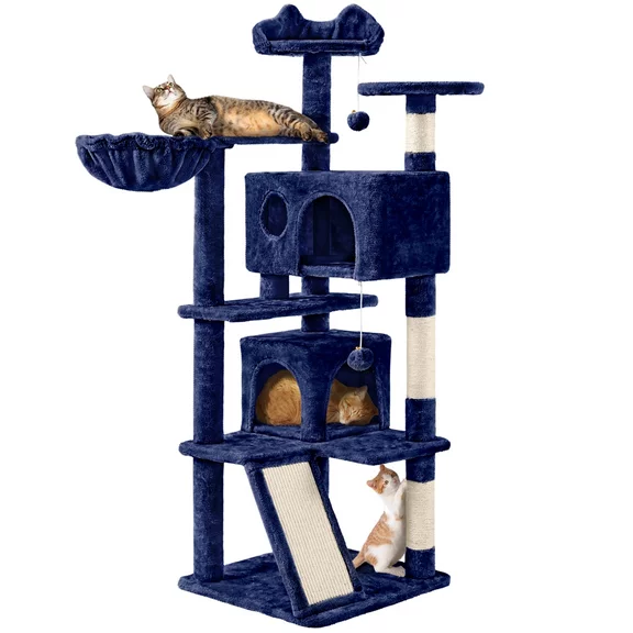 Topeakmart 57''H Multilevel Cat Tree Tower with 2 Condos & Scratching Posts/Ramp, Navy Blue