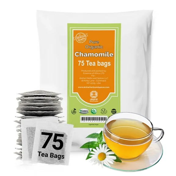 Akshit 75 Organic Chamomile Tea Bags, Pure Chamomile Flower Tea, Manzanilla Tea, Caffeine-Free, Soothing Herbal Tea, 5oz