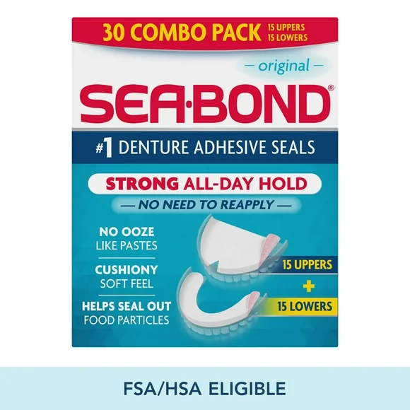 Sea-Bond Denture Adhesive Seals Combo Pack, Original Flavor, 15 Uppers and 15 Lowers
