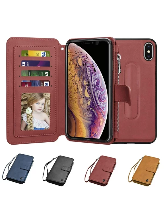 Njjex Wallet Phone Case For Apple iPhone XS Max / iPhone XS / iPhone X, Zipper Detachable Magnetic 8 Card Slots Card Slots Money Pocket Clutch Cover Zipper Wallet Purse Case Wrist Strap -Wine Red