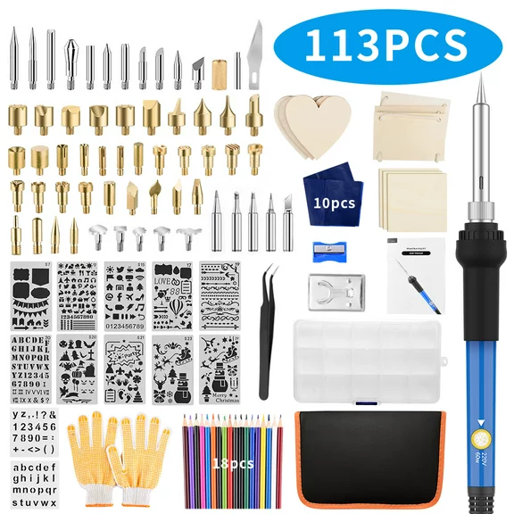 Uarter 113-Piece Wood Burning Kit Pyrography Pen Soldering Iron Wood Tool Includes Soldering and Is Designed for DIY Creativity, Pyrography, Embossing, Carving, and Soldering, Foam, Wax