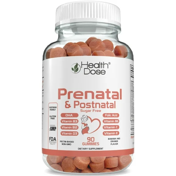 Health Dose Prenatal & Postnatal Vitamins for Pregnant and Lactating Women. DHA & Folic Acid, Gluten & Sugar-Free Vitamin B6, B12, C   Zinc for Immunity. Pregnancy & Post Pregnancy Support. 90 Gummies