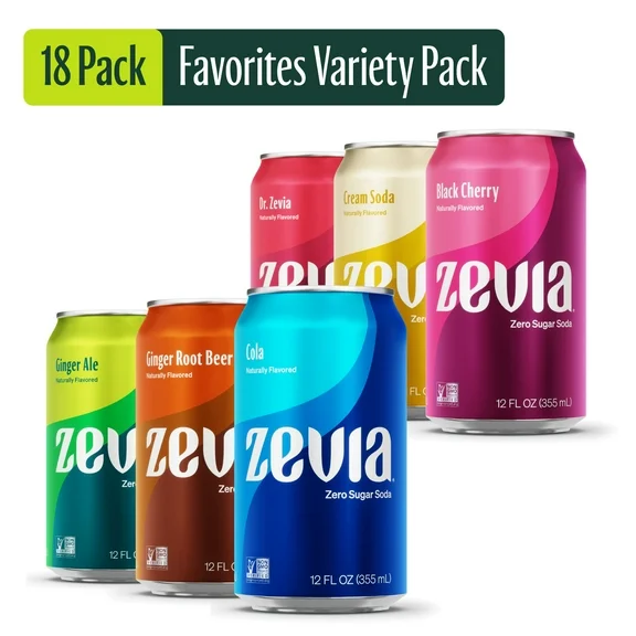 Zevia Zero Sugar, 0 Calorie Soda Pop, Favorites Variety Pack, 12 fl oz, 18 Pack Cans