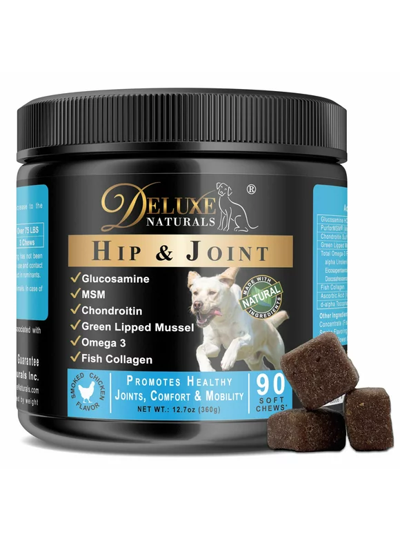 Deluxe Naturals Hip and Joint Soft Chews for Dogs with Glucosamine, MSM, Chondroitin, Omega-3, Collagen, Lipped Mussel | Improve Pet Mobility, Pain Relief - 90 Count (Pack of 1 x 90ct)