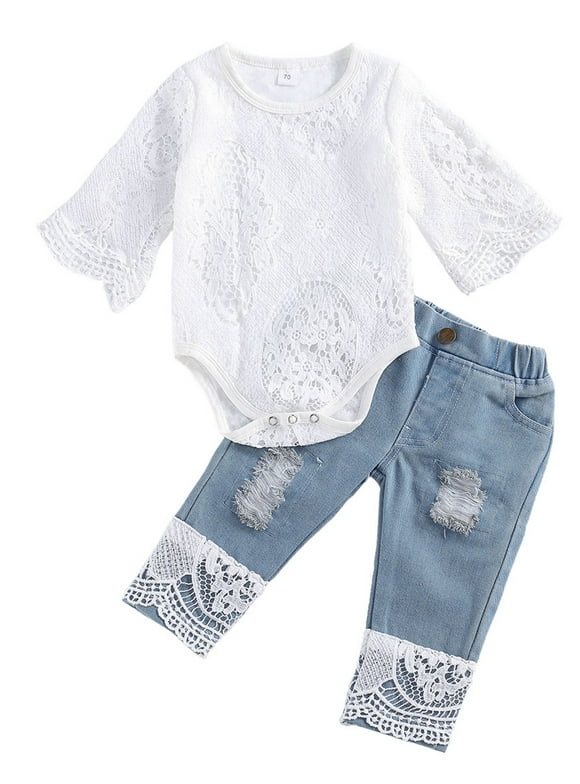 Izhansean Infant Toddler Baby Girl Summer Clothes Set Romper Bodysuit long sleeve Denim Pants Outfits Blue