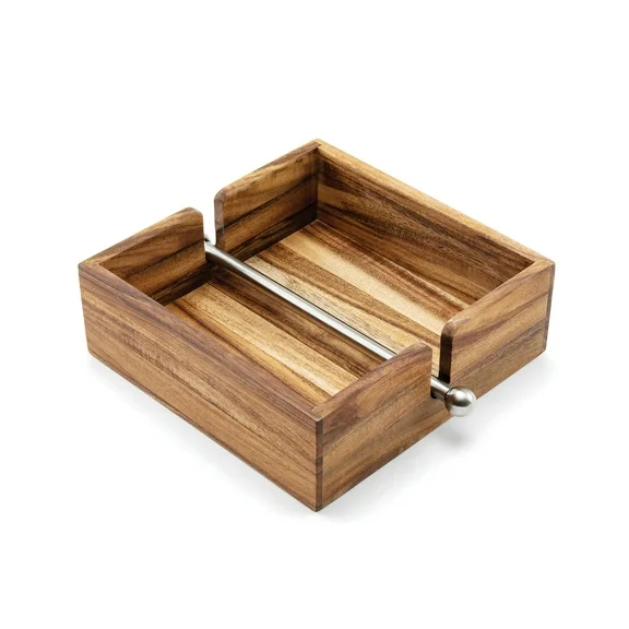 Ironwood Acacia Wood Napkin Holder with Weighted Stainless Steel Center Bar