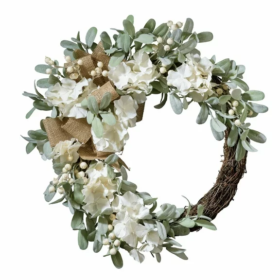 Haute Decor 22 Inch Spring Floral Grapevine Hydrangea Wreath with Burlap Bow and Real Grapevine Base