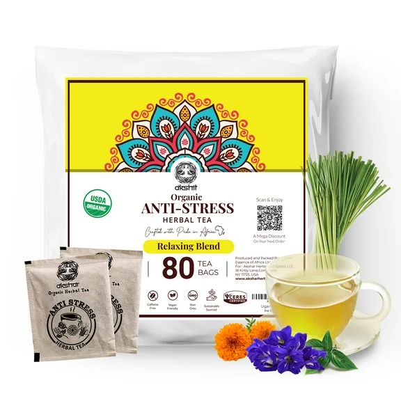 Akshit Organic Anti Stress Tea, Stress Relief, 80 Count, Relaxation Blend, Herbal blend, Caffeine-Free
