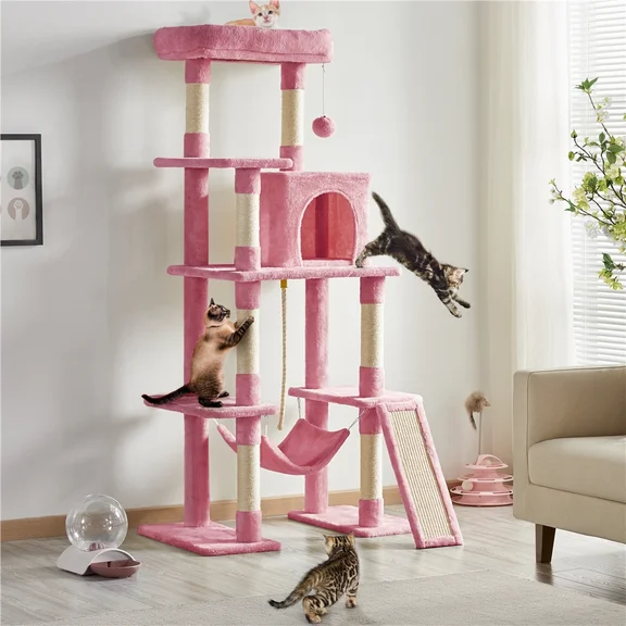 Topeakmart 63'' Multilevel Cat Tree Condo Scratching Posts with Hammock, Pink
