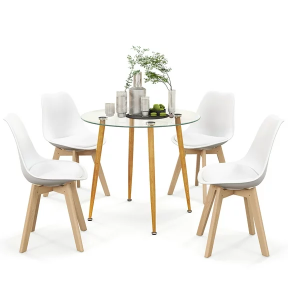 Costway Dining Table Set for 4 Modern Kitchen Table Set with Round GlassTempeTable&4 Chairs