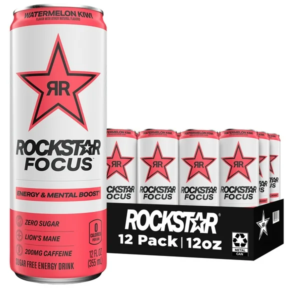 Rockstar Focus Zero Sugar Energy Drink, Watermelon Kiwi Flavor, Lion’s Mane, Energy & Mental Boost, 12 oz 12 Pack Cans