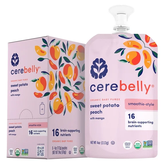 Cerebelly Organic Stage 2 Baby Food, Sweet Potato Peach Mango, 4 oz Puree (6 Pack)