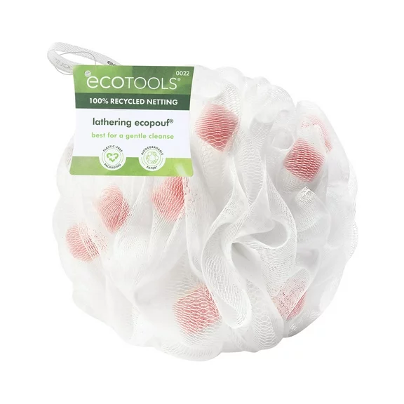 EcoTools Lathering Bath Pouf, White & Pink Loofah for Cleansing, for Adults, 1 Count