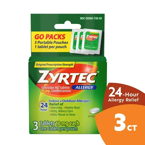 Zyrtec 24 Hour Allergy Tablets with Cetirizine HCl, Travel Size, 3 ct