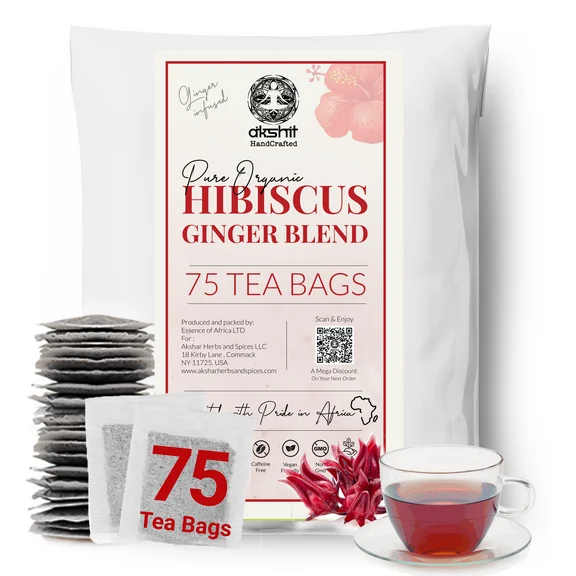 Akshit 75 Organic Hibiscus Tea Bags, Hibiscus Ginger Blend, Hibiscus Tea blend, Te De Jamaica, Herbal Tea, Caffeine Free