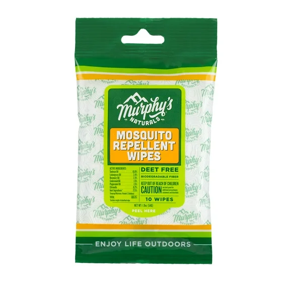 Murphy's Naturals Mosquito Repellent Wipes | DEET-Free, Plant-Based Formula | Travel Sized, Easy to Use | 10 Wipes Per Pack