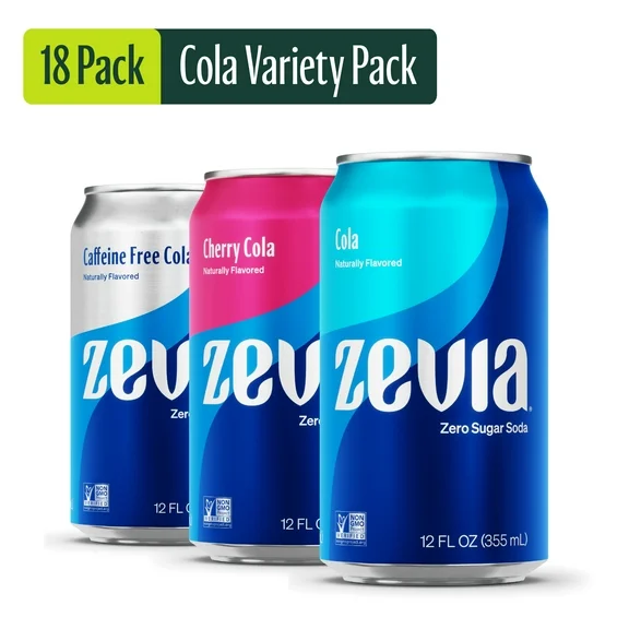 Zevia Zero Sugar, 0 Calorie Cola Soda Pop Variety Pack, 18 Pack 12 fl oz Cans