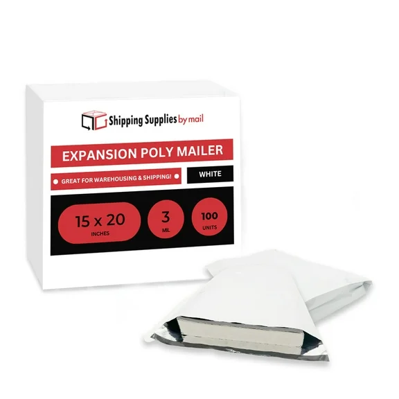 SSBM Expansion Poly Mailers, 15x20 Inch, 100 Pack, Expandable Gusseted Shipping Envelope For Bulky Items Like Books & Clothing, Self Seal, White/Grey