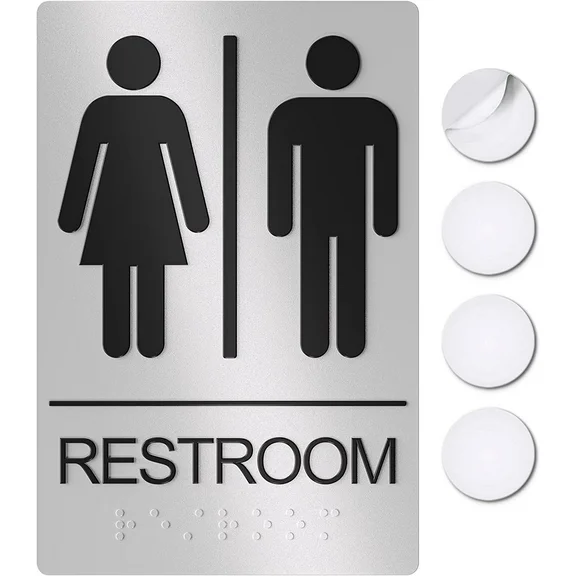 Assured Signs Restroom Sign For Wall | Bathroom Signs | 9 by 6" | Silver Acrylic | ADA Compliant with Braille | Includes Adhesives | Ideal for Office or Home