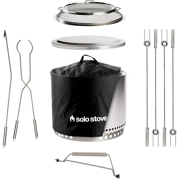 Solo Stove Bonfire Ultimate Bundle 2.0 | Smokeless Fire Pit, Stand, Shelter, Shield, Lid, Handle, Sticks&Tools, Portable Camping Accessories, Wood burning, Stainless Steel, H: 16.75in x Dia: 19.5in