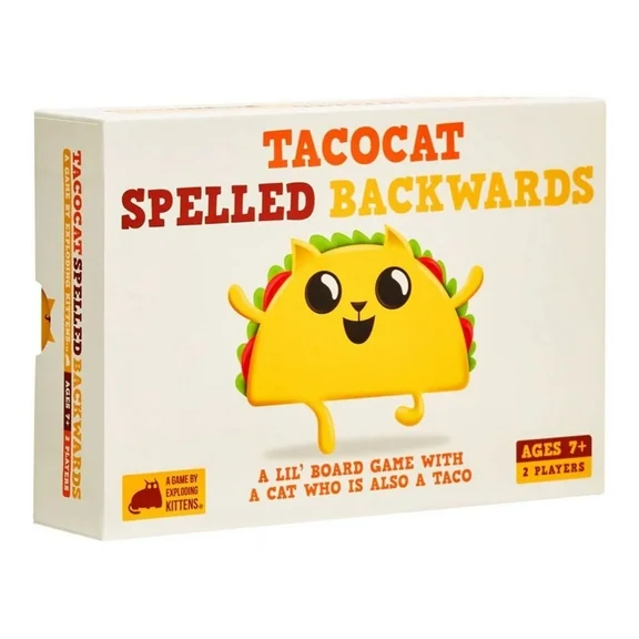 Taco Cat Spelled Backwards Party Game by Exploding Kittens. 15 Mins, 2 Players, Ages 7 and up.