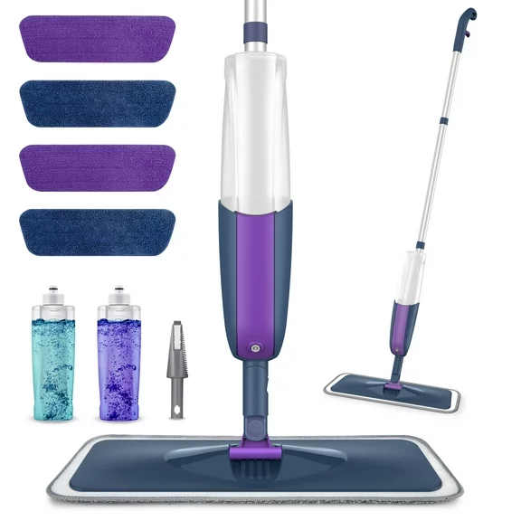 SUGARDAY Spray Dust Mop for Floor Cleaning Wet Dry Mop with 2 Refillable Bottle 4 Washable Pads