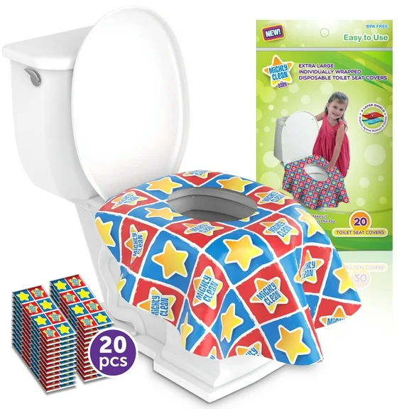 XL Toilet Seat Covers Disposable - 20 Pack Individually Wrapped, Large Waterproof Covers by Mighty Clean Baby for Adults, Toddlers, and Kids to Use in Public Bathrooms and Potty Training