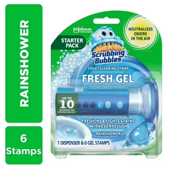Scrubbing Bubbles Fresh Gel Toilet Bowl Cleaning Stamp, Rainshower, Dispenser with 6 Gel Stamps, 1.34 oz