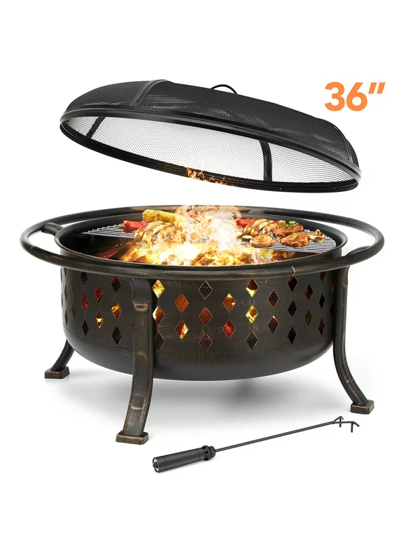 Singlyfire 36 Inch Fire Pits for Outside Wood with Cooking Grill Grate, Spark Screen, Log Grate