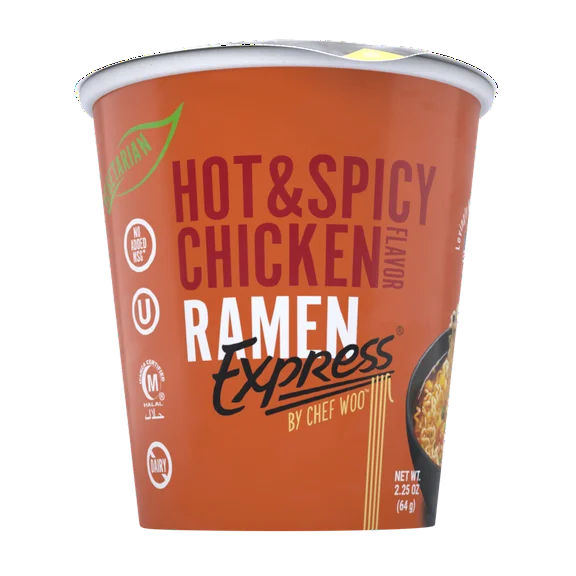 Ramen Express Hot and Spicy Chicken Noodles by Chef Woo, Halal, Kosher, Vegan 2.25 oz
