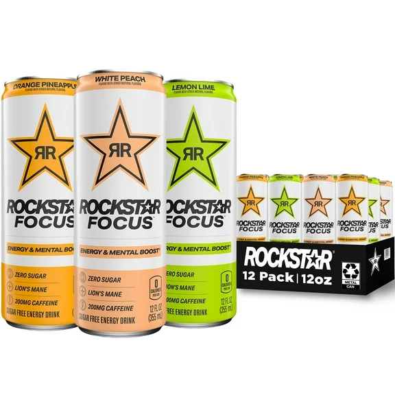 Rockstar Focus Zero Sugar Energy Drink, 3 Flavor Variety Pack, Lion’s Mane, Energy & Mental Boost, 12 oz 12 Pack Cans