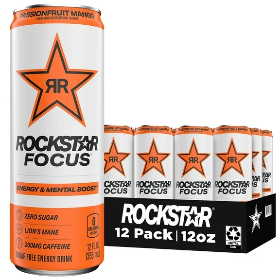 Rockstar Focus Zero Sugar Energy Drink, Passionfruit Mango Flavor, Lion’s Mane, Energy & Mental Boost, 12 oz 12 Pack Cans